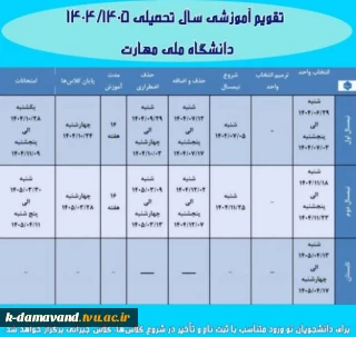 اصلاح تقویم آموزشی نیم سال دوم سال تحصیلی ۱۴۰۴/۱۴۰۵ (بهمن _ ۰۴۲) دانشگاه‌ ملی مهارت